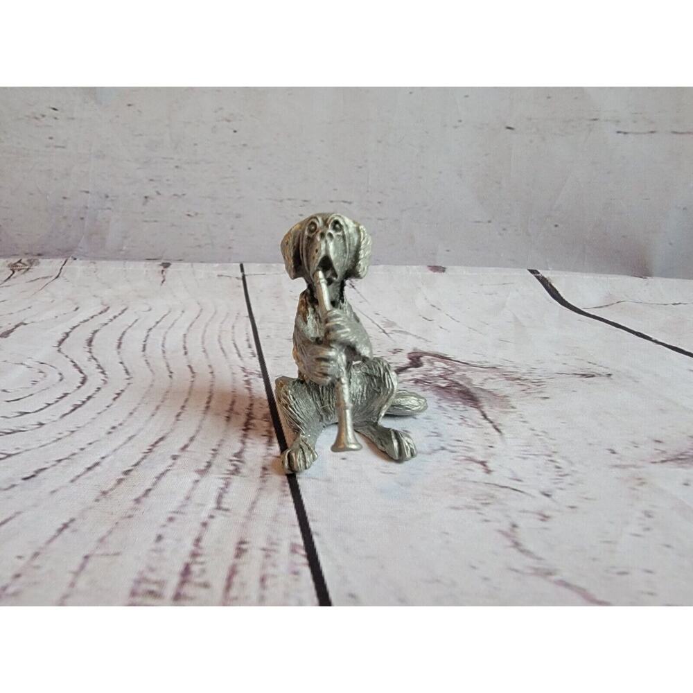 Vintage Figure Hudson Pewter Dog Playing Instrument Figurine gift sculpture